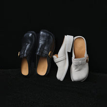 Load image into Gallery viewer, Women's Full Grain Leather Buckle Mules | Retro Low Block Heel Backless Shoes