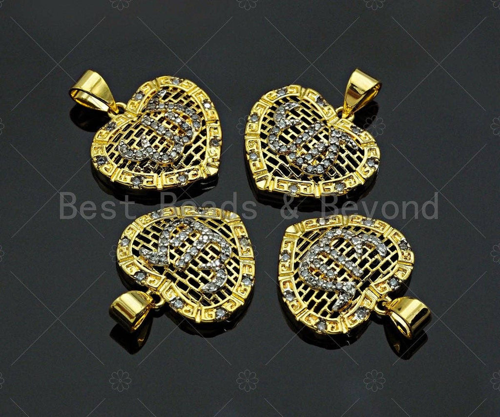 CZ Micro Pave Filigree Heart Shape Pendant, Gold Plated Yoga Sign, Necklace Bracelet Charm Pendant, 18x17mm,sku#F1234
