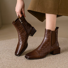 Load image into Gallery viewer, Retro Woven Square-Toe Chunky-Heel Women's Full-Grain Leather Boots with Elastic Side Panels