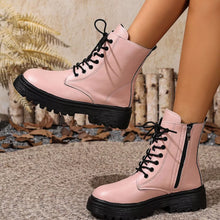 Load image into Gallery viewer, Women's Lace-Up Ankle Combat Boots | Low Heel PU Leather | Khaki Pink Brown