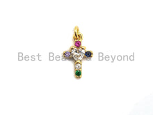 Load image into Gallery viewer, CZ Colorful Micro Pave Cross With Big CZ Pendant, Cross Shaped Pave Pendant, Gold plated, 9x14mm, Sku#F737