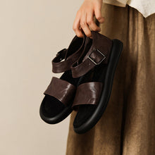 Load image into Gallery viewer, Women's Washed Leather Platform Sandals | Two-Strap Buckle Open-Toe Flats