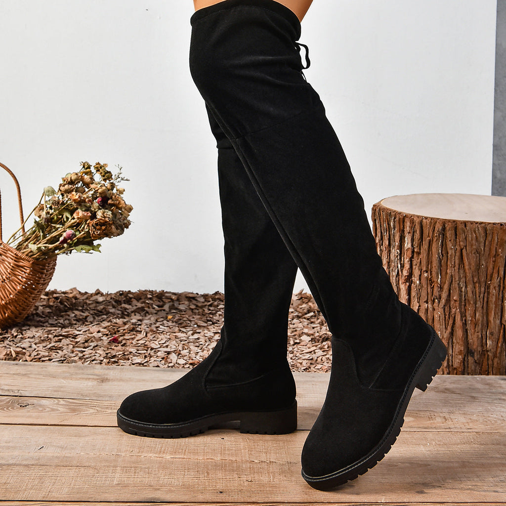 Women's Elastic Thick Sole Knee High Boots – Slip-On Square Heel Suede Over-the-Knee Boot