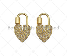 Load image into Gallery viewer, 18K Gold Clear CZ Micro Pave Leaf Heart Fancy Lock Clasp, Heart Shape Clasp, Pave Lock, Gold Claps, 17x30mm,sku#K149
