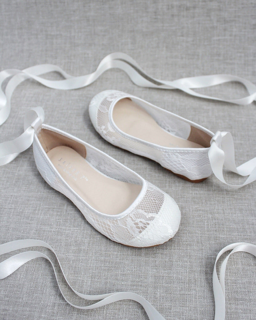 White New Lace Ballerina Flats with Ballerina Lace Up