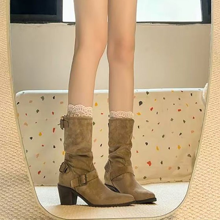 Retro Mid-Calf Chunky Heel Pointed Toe Boots for Women | Stacked Heel Slip-On Fashion Boots