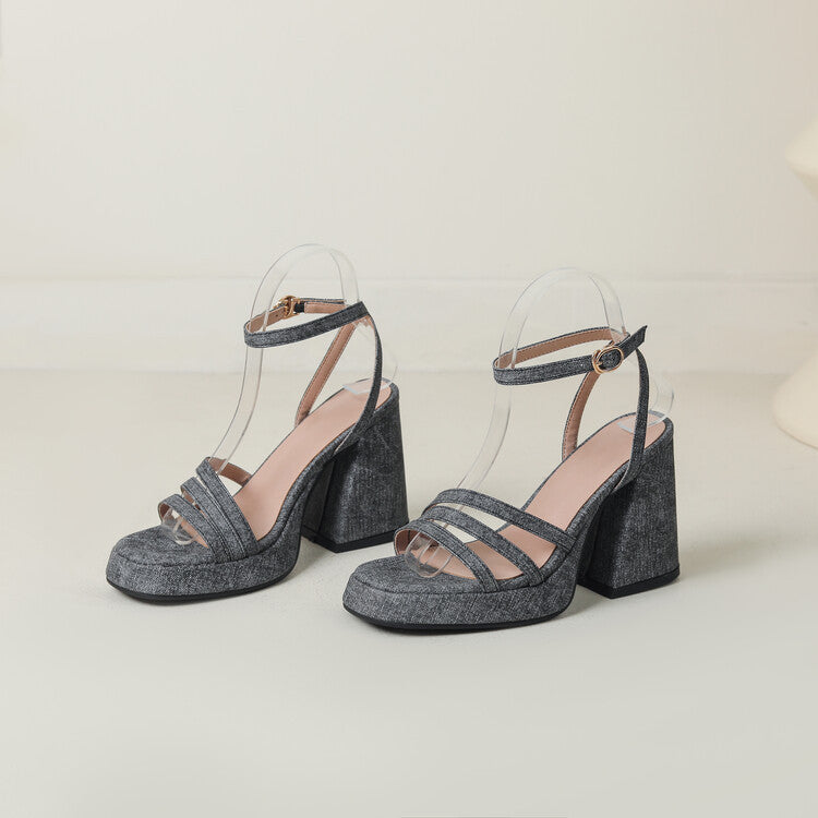 Women's Denim Strap Chunky Heel Sandals | Round Toe Block Heel | Light Blue, Dark Blue & Gray