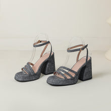 Load image into Gallery viewer, Women's Denim Strap Chunky Heel Sandals | Round Toe Block Heel | Light Blue, Dark Blue &amp; Gray