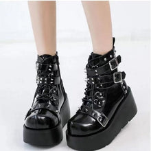 Load image into Gallery viewer, Women's Chunky Round-Toe Dr Martens Style Platform Boots | Side Zipper Wedge Heel