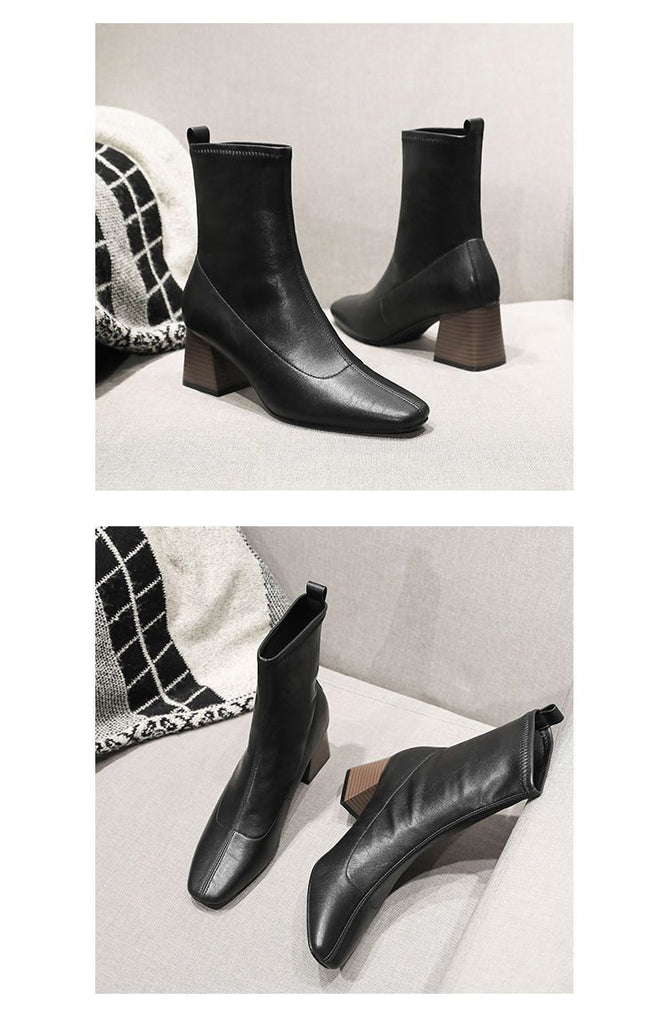Women's Minimalist Over-the-Knee Boots | Square Toe Chunky Heel Side Zipper | Black & Dark Brown