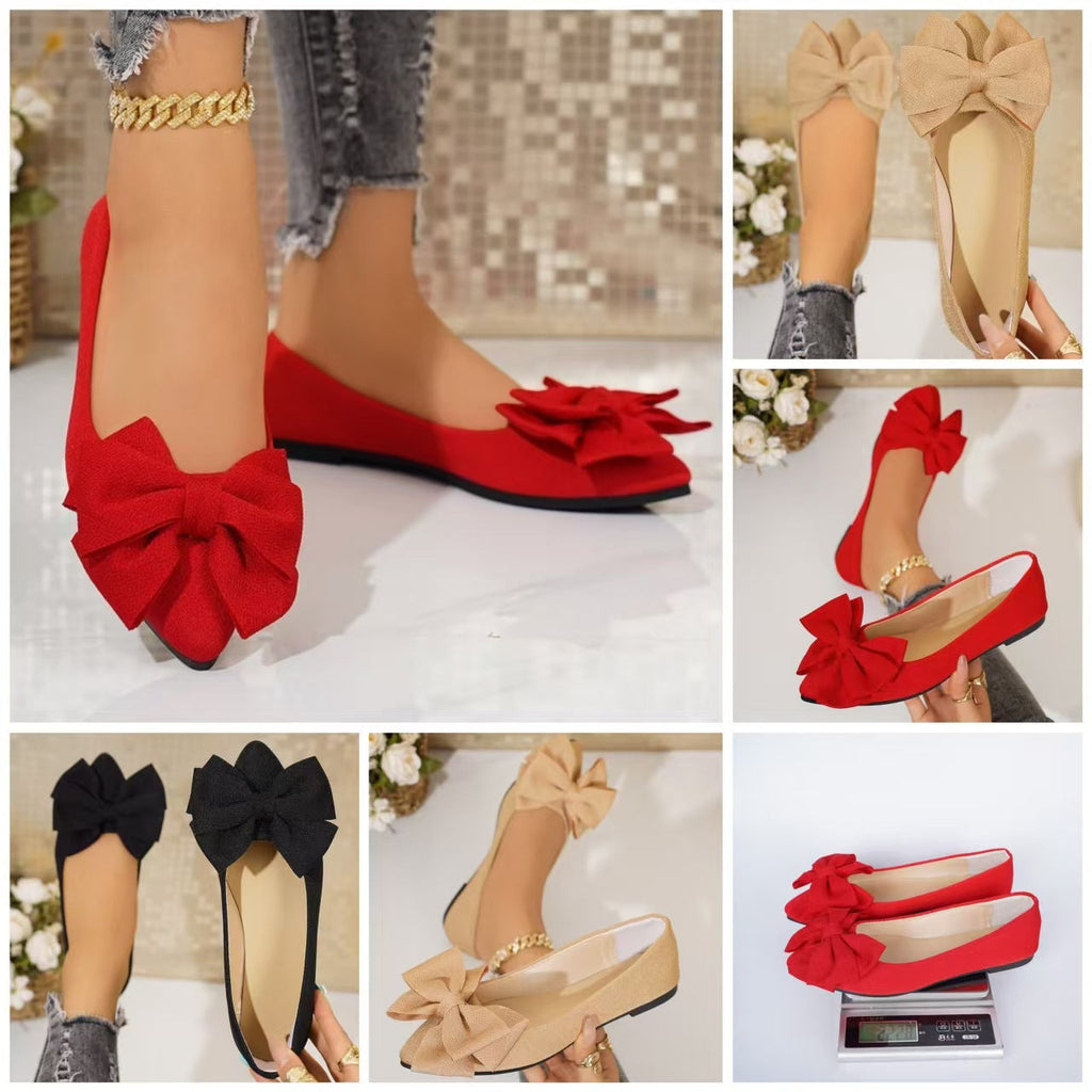 Women's Plus-Size Bow-Tie Slip-On Loafer Shoes | Pointed Toe, Low Heel, Cotton Upper