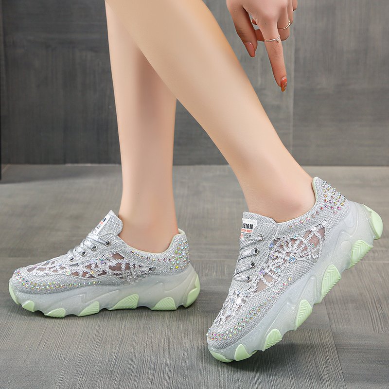 Women's Rhinestone Mesh Dad Sneakers | Chunky Sole Lace-Up Casual Shoes