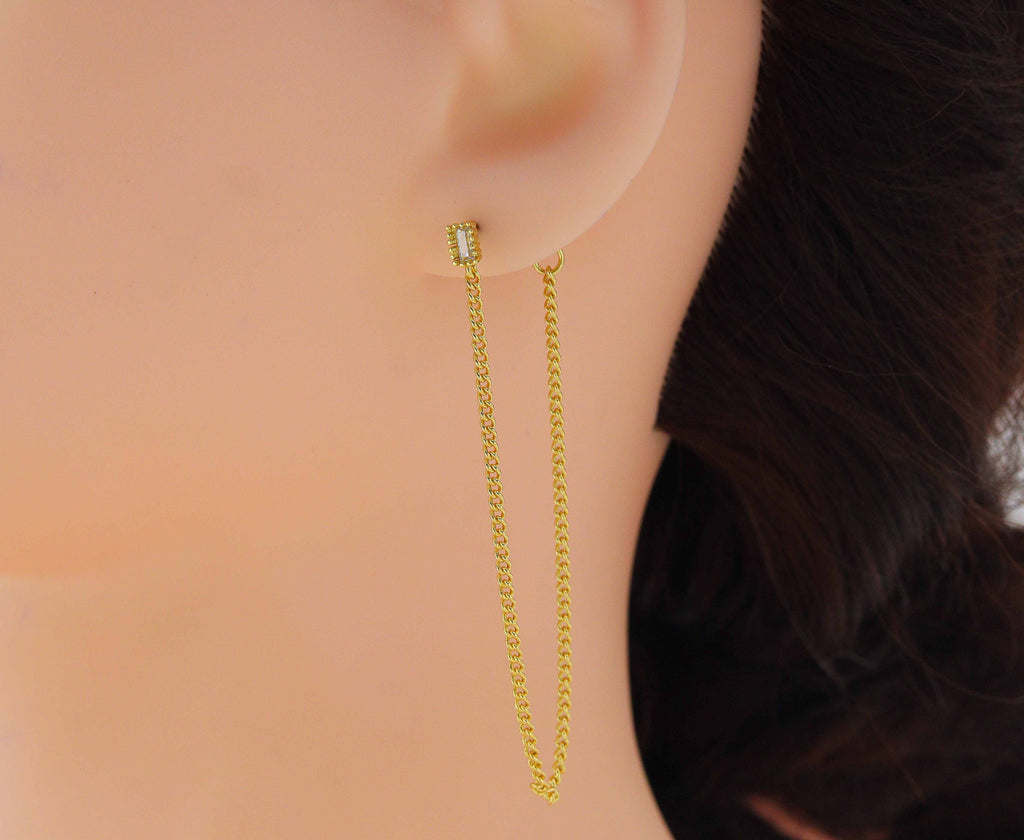 Pave Round Rectangle Stud Dangle Chain Earrings, sku#B203
