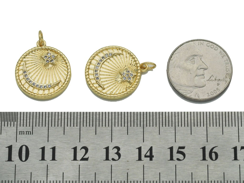Pave Gold Cresent Moon Star Medallion Coin Charm, Sku#LX117