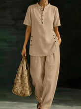 Load image into Gallery viewer, Three-Quarter Sleeve Shirt &amp; Wide-Leg Pants Two-Piece Set – Solid Color Casual
