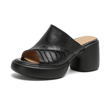 Load image into Gallery viewer, Women's Ruched Block Heel Slides | Open-Toe Lambskin Leather Mules