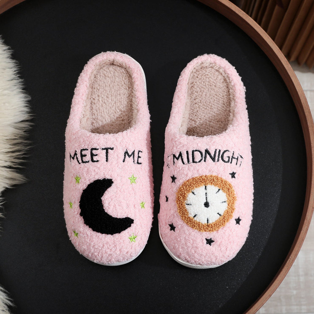 Women's Moon & Clock Print Plush Slippers | Warm Anti-Slip Floor Bedroom House Shoes
