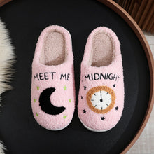 Load image into Gallery viewer, Women's Moon &amp; Clock Print Plush Slippers | Warm Anti-Slip Floor Bedroom House Shoes