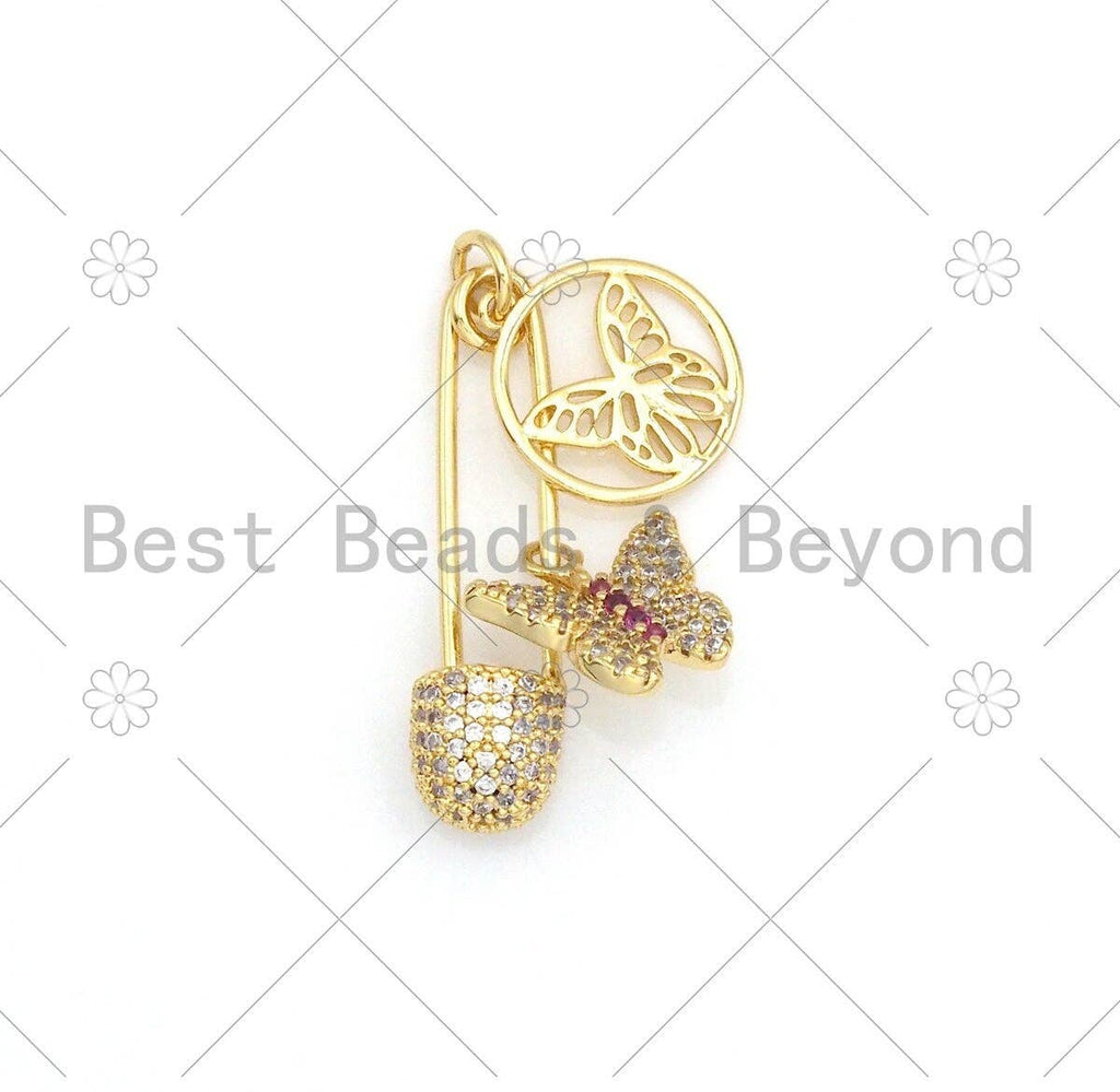 Colorful CZ Micro Pave Butterfly On Safety Pin Shape Pendant/Charm, 18K Gold Filled Charm, Necklace Bracelet Charm Pendant,8x30mm,Sku#F1409