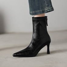 Load image into Gallery viewer, Women's Chunky Heel Ankle Boots – Pointed Toe Back Zipper | Black &amp; Brown