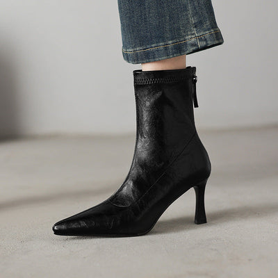Women's Chunky Heel Ankle Boots – Pointed Toe Back Zipper | Black & Brown