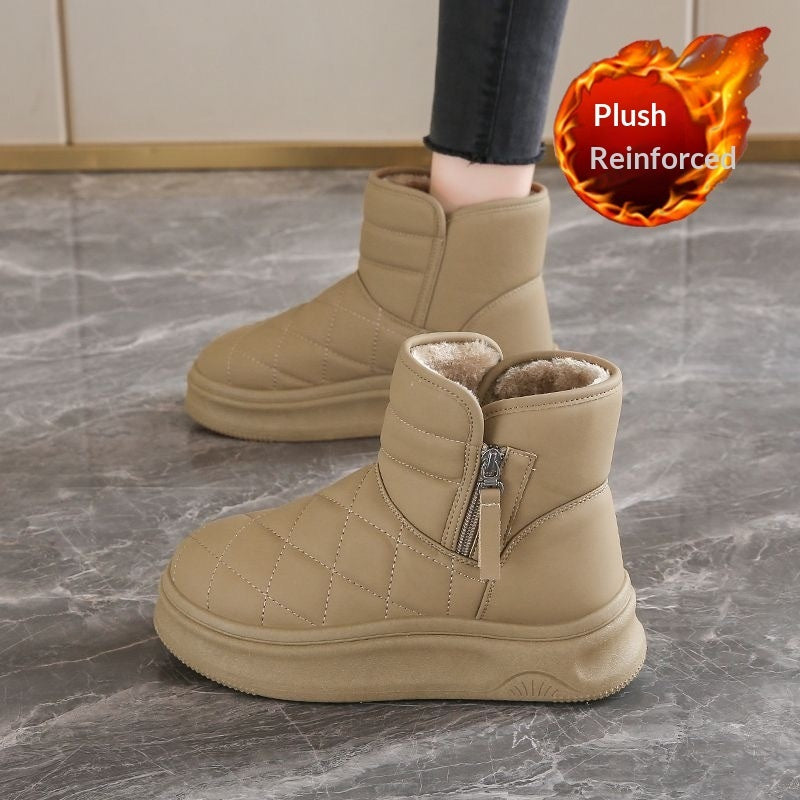 Women's Fleece-Lined Snow Boots | Warm Winter Boots with Side Zipper | Khaki Beige Black