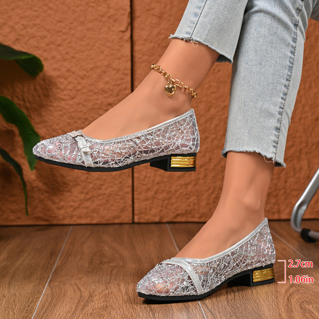 Women's Pointed Toe Mesh Bow Heels – Breathable Slip-On Chunky Low Heel Dress Shoes