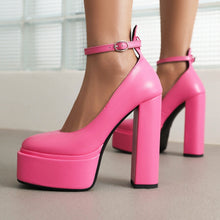 Load image into Gallery viewer, Women's Pointed-Toe Chunky Heel Buckle Pumps | Mid-Cut High Heels
