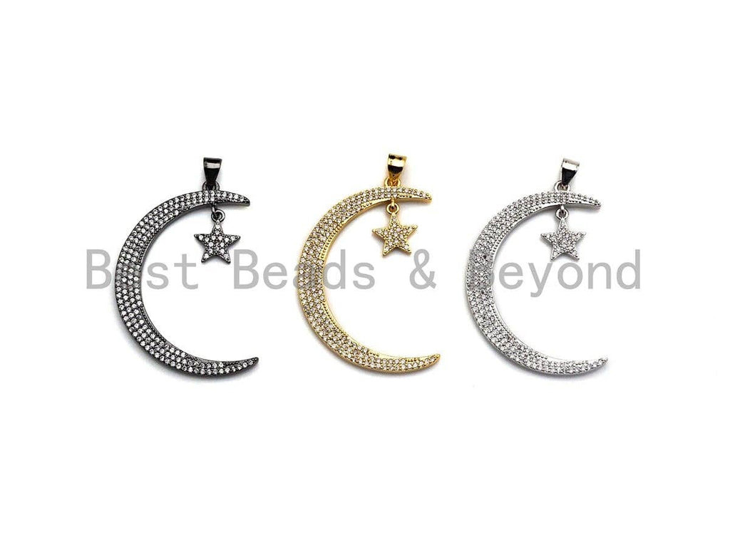 CZ Micro Pave Crescent Moon and Star Pendant ,Gold/Silver/Bl