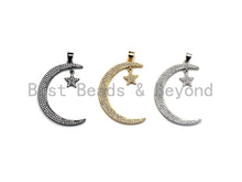 Load image into Gallery viewer, CZ Micro Pave Crescent Moon and Star Pendant ,Gold/Silver/Bl