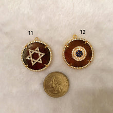 Load image into Gallery viewer, CZ Micro Pave 28x32mm Evil Eye Horn Star Cross on Round Wood Disc Pendant, sku#B50
