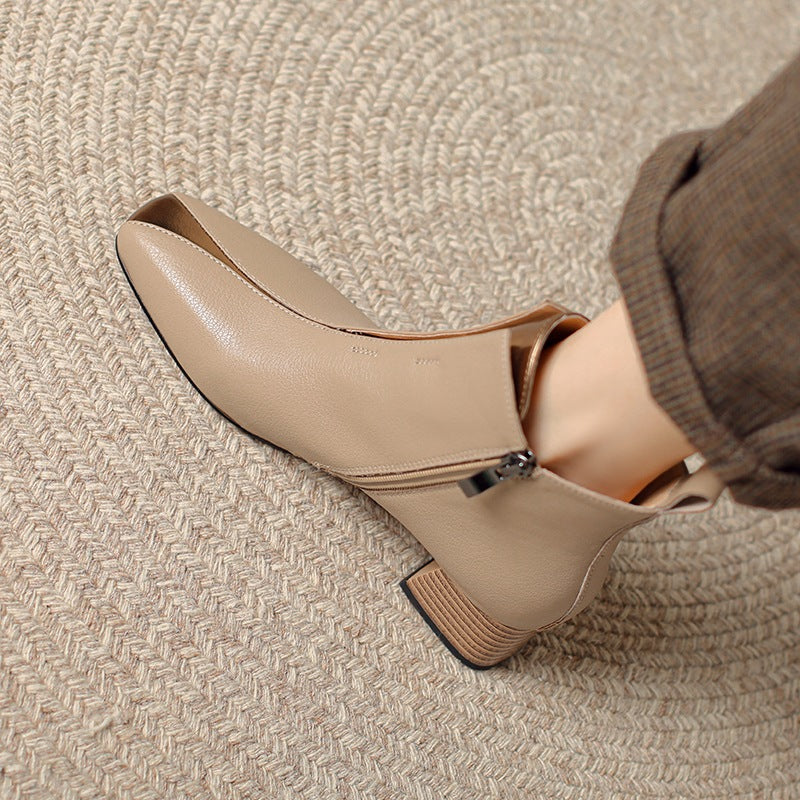 Women's Retro Square-Toe Sheepskin Ankle Boots | Chunky Heel Side-Zip