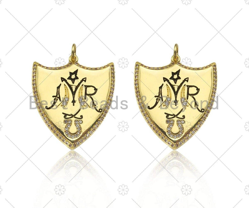18K Dainty Gold Symbol On Shield Shape Pendant/Charm,Cubic Zirconia Charm, Necklace Bracelet Charm Pendant, 28x24mm, Sku#L556