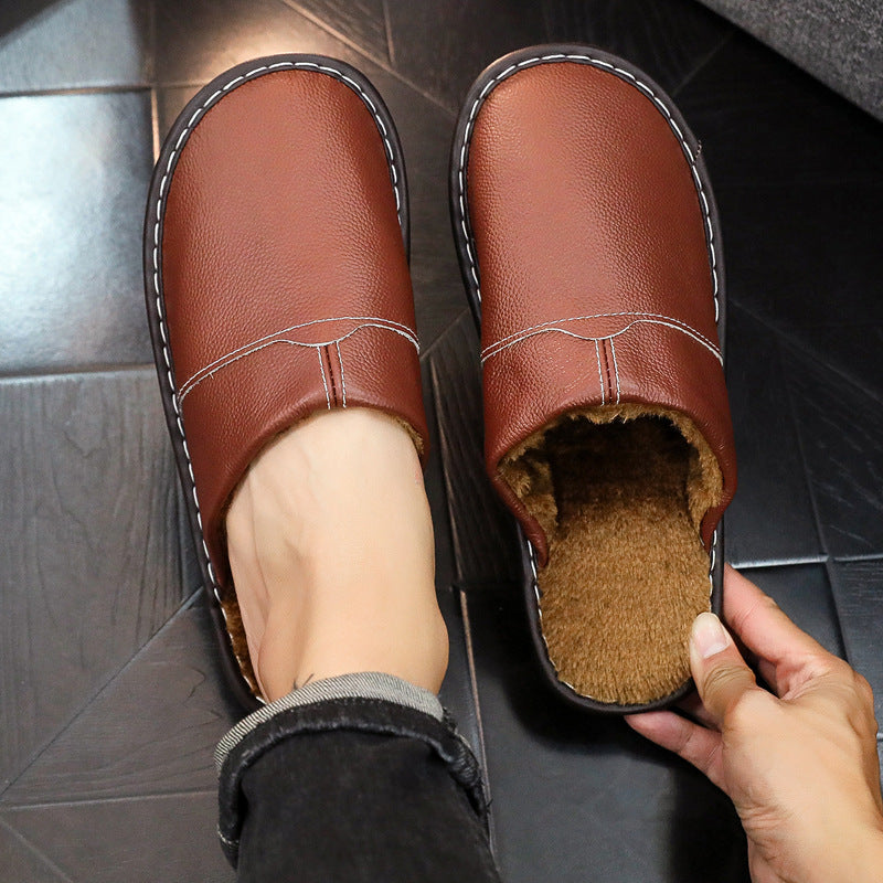 Women's Men's Winter Indoor Leather Slippers | Non-Slip Closed-Toe House Shoes | Cowhide Upper | Couples Slippers