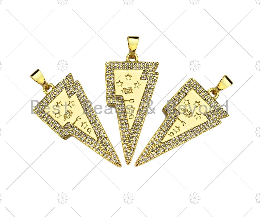 CZ Micro Pave Star On Lightning Shape Pendant, 18K Gold Charm, Necklace Bracelet Charm Pendant,16x33mm,Sku#LK309