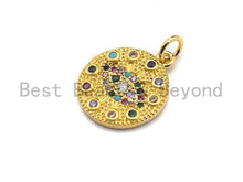 Load image into Gallery viewer, CZ Colorful Micro Pave Round  Gold With Evil Eye Pendant, Coin Shaped Pave Pendant, Gold plated, 15x17mm, Sku#F867