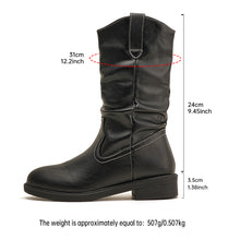 Load image into Gallery viewer, Women's V-Cut Pleated Mid-Calf Boots – Chunky Heel Pointed Toe PU Leather Slip-On