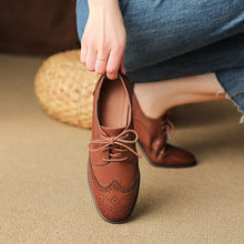Load image into Gallery viewer, Women's British-Style Lace-Up Peep-Toe Oxford Shoes | Wax Cowhide Leather Flats