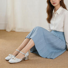 Load image into Gallery viewer, Women's Jacquard Platform Heels | Pearl Bow Square-Toe Chunky Heel Shoes