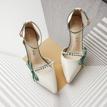Load image into Gallery viewer, Women's Pointed-Toe Stiletto Pumps | Leather Strap Heels in Off-White &amp; Emerald Green