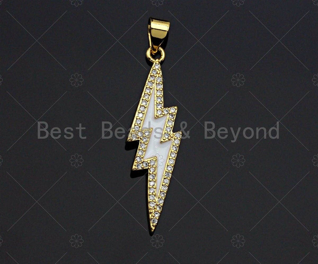 CZ Enamel Lightning Bolt Charm, Gold Finish Enamel CZ Pave lightning Sign Pendant, Pave Lightning Bolt Charm, 10x37mm, sku#LK116