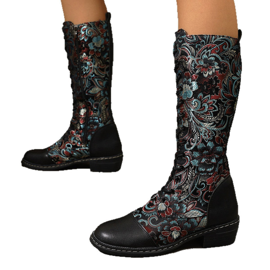 Women's Embroidered Ethnic-Style Chunky-Heel Mid-Calf Boots
