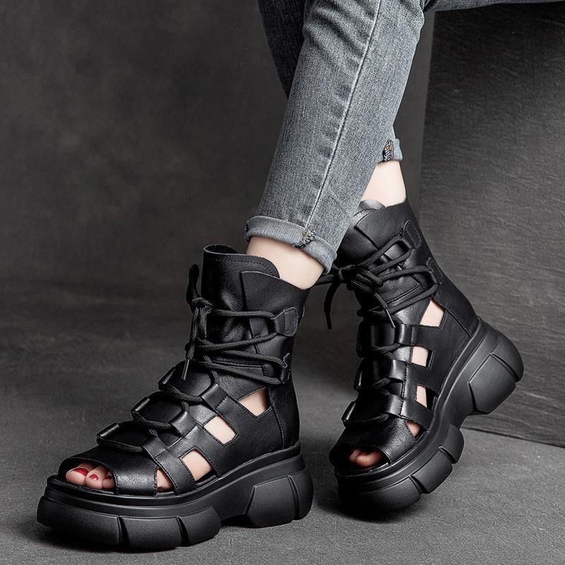 Women's Roman Gladiator Sandal Boots | Open Toe Buckle Hollowed-Out Design | Black Brown