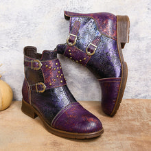 Load image into Gallery viewer, Women's Ethnic Rivet Buckle Boots - Cowhide Leather Fashion Ankle Boots with Side Zipper