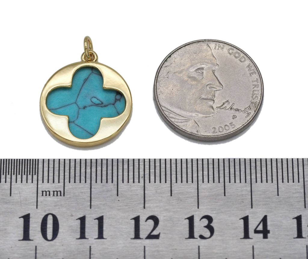 Gold CZ Clover Flower On Turquoise Stone Charm, Sku#L705