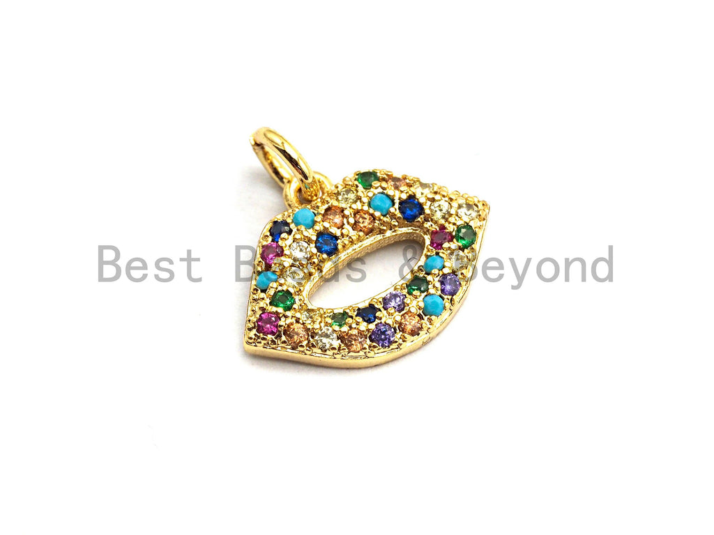 CZ Colorful Micro Pave Lip Charm, Lip Shaped Pave Pendant, Gold plated, 12x15mm, Sku#F750