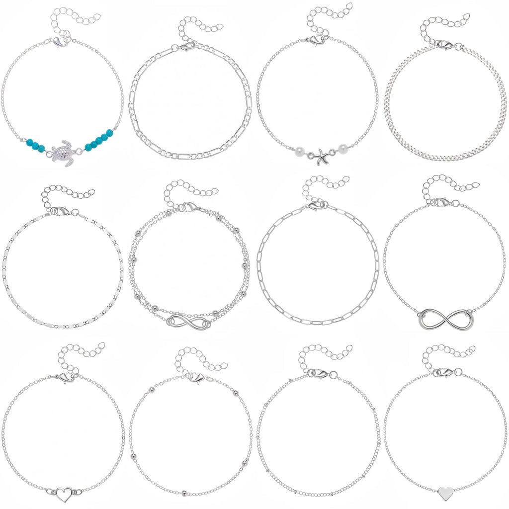 12Pcs Women's Charm Anklet Set Multilayer Chain Ankle Bracelets Boho Silver Anklet for Women