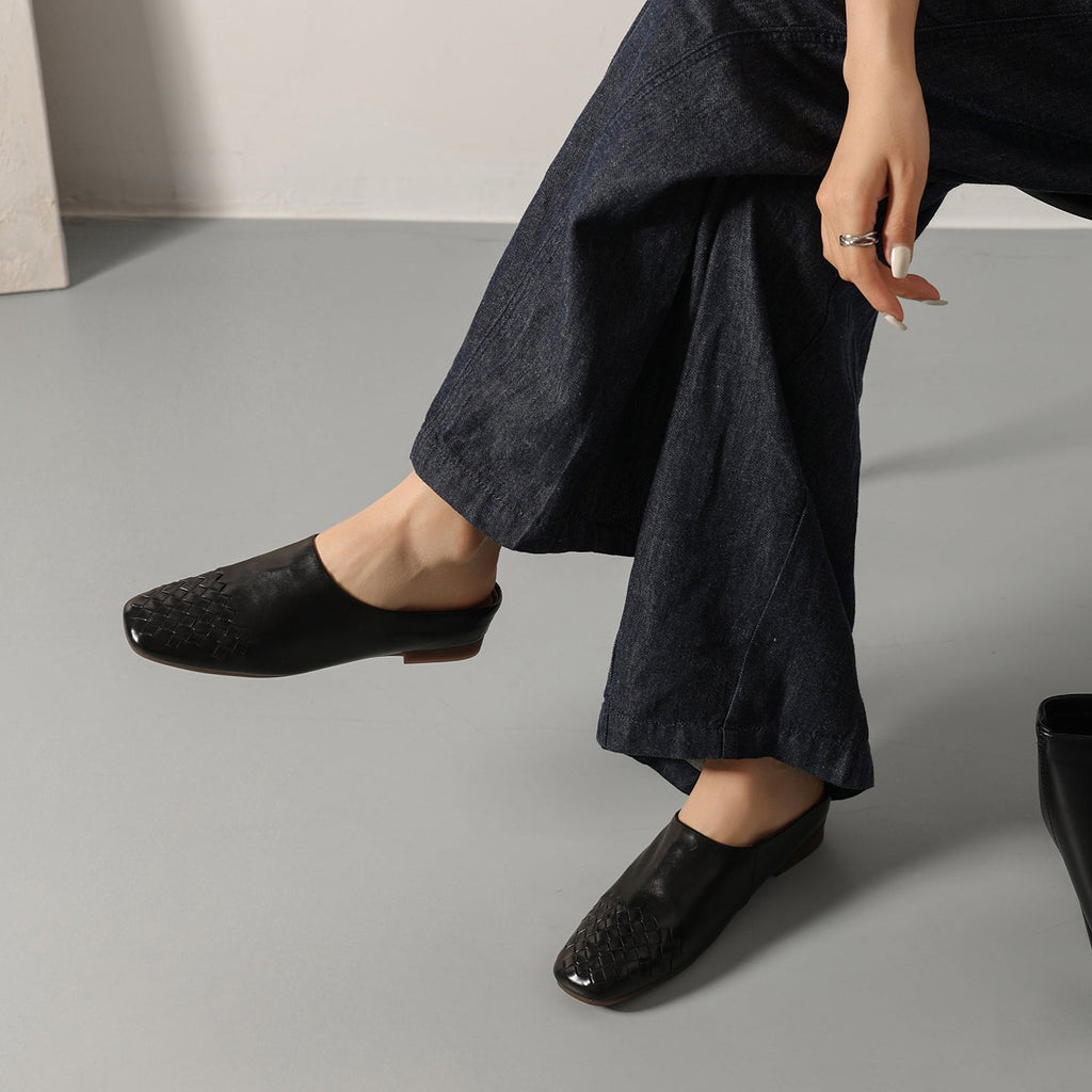 Women's Hand-Woven Full Grain Leather Mules | Square Toe Slip-On Backless Loafers