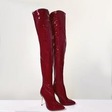 Load image into Gallery viewer, Women's Over-the-Knee Chunky Metal Heel Boots – Plus Size, Pointed Toe, Side Zipper, PU Leather