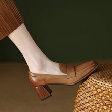 Load image into Gallery viewer, Women's Square Toe Chunky Heel Shoes – Sheepskin Upper, Retro Dress Heels in Blue &amp; Apricot